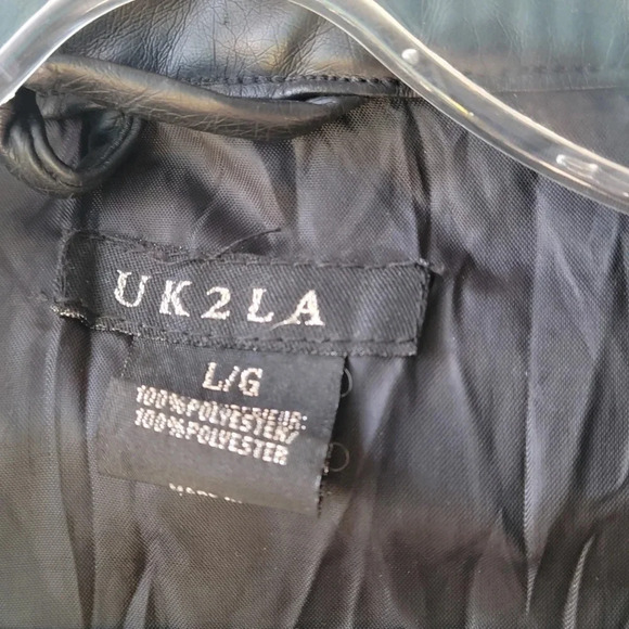 UK2LA  Black Pleather Jacket Snaps Long Sleeves Pockets Large - Picture 4 of 6